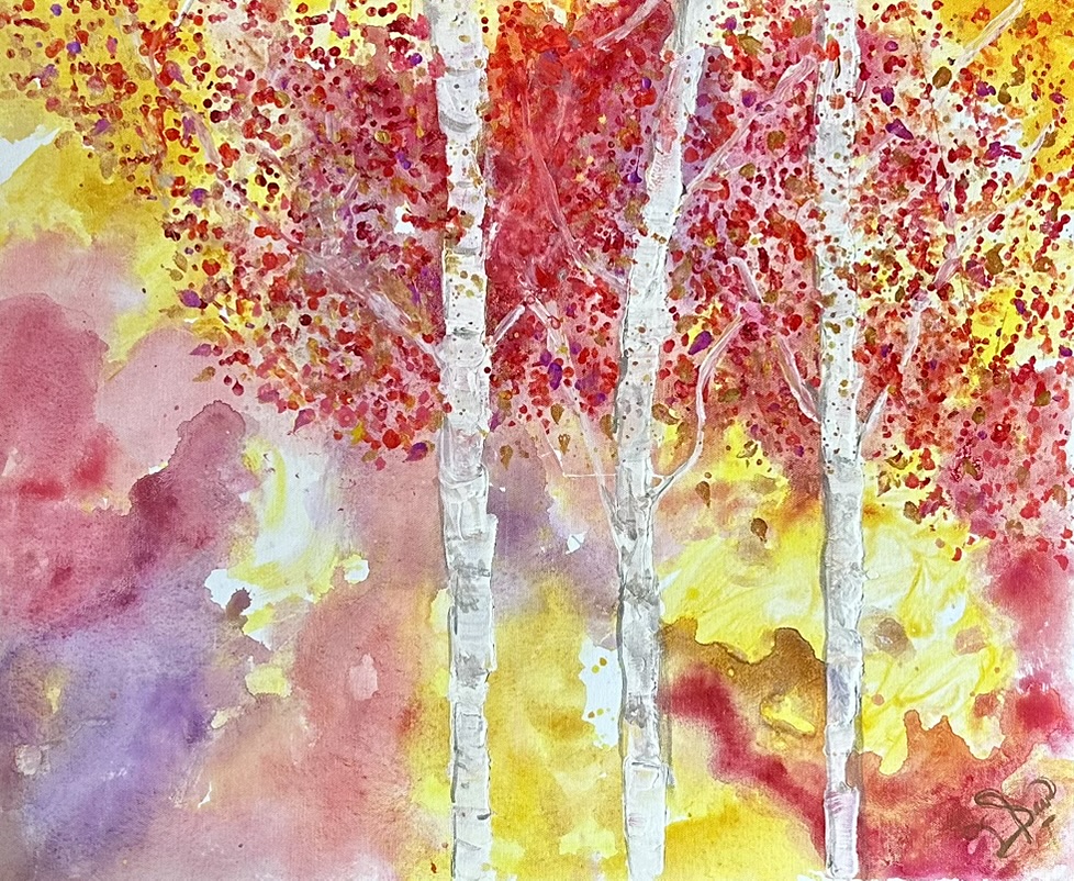 White tree trunks rise through brilliant pinks, reds, yellows, and lavender, inviting the viewer to imagine what lies beyond the trees.
