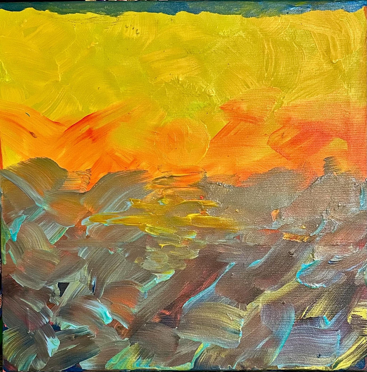 Golden yellow and fiery orange paint above a textured river of blue-green, turquoise, and earth-toned brushwork.