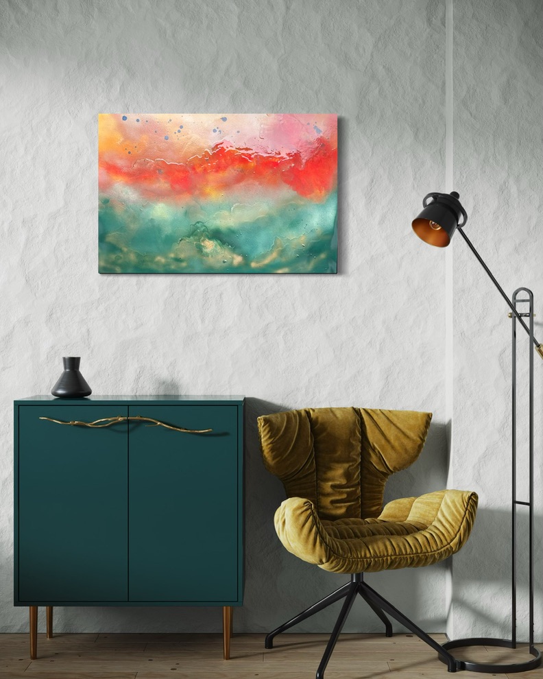 The Edge of an Unwritten World (DD-008), presented beside a gold-toned chair, dark green console, and floor lamp.