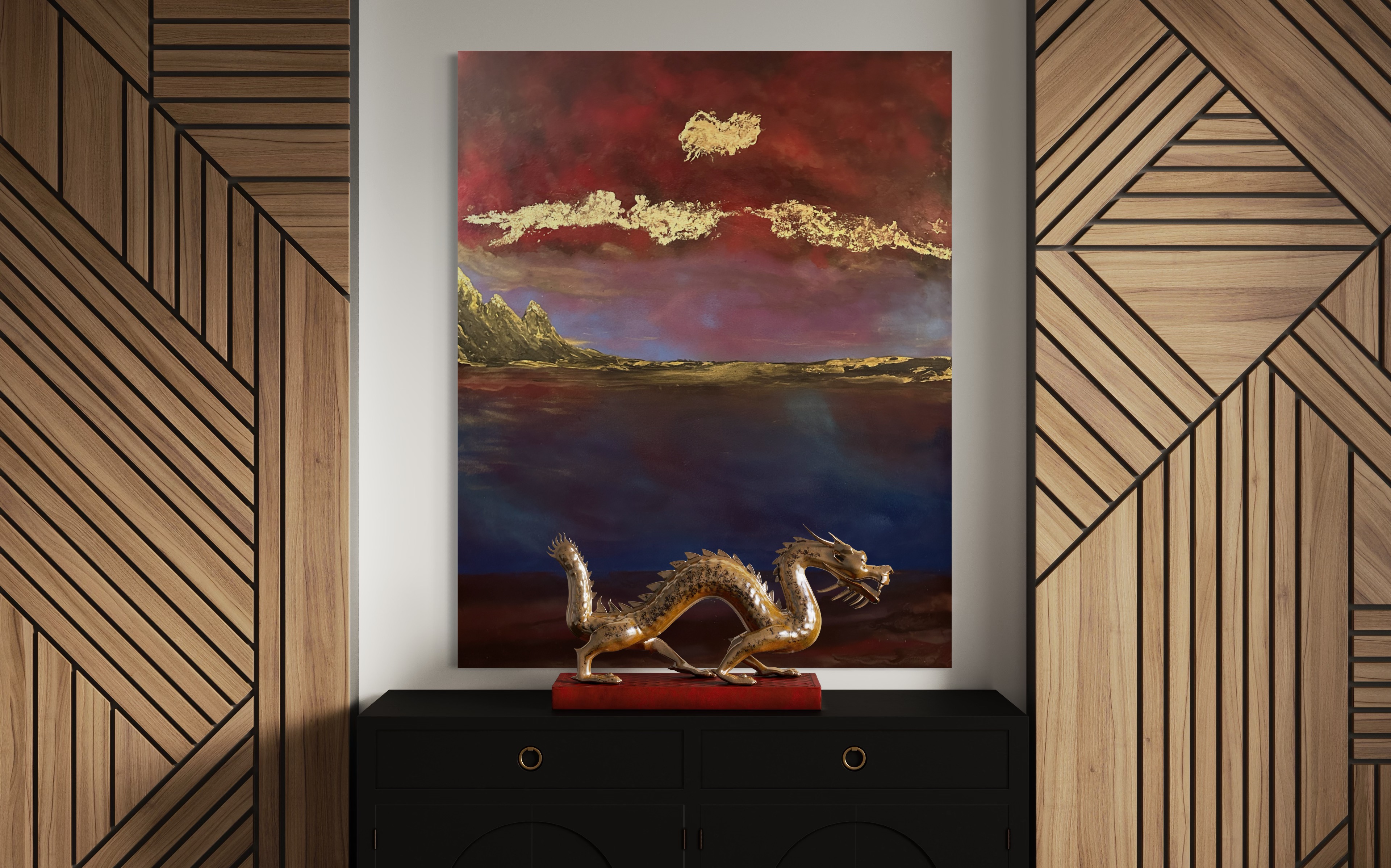 A red, gold, and blue landscape presented against a geometric feature wall.