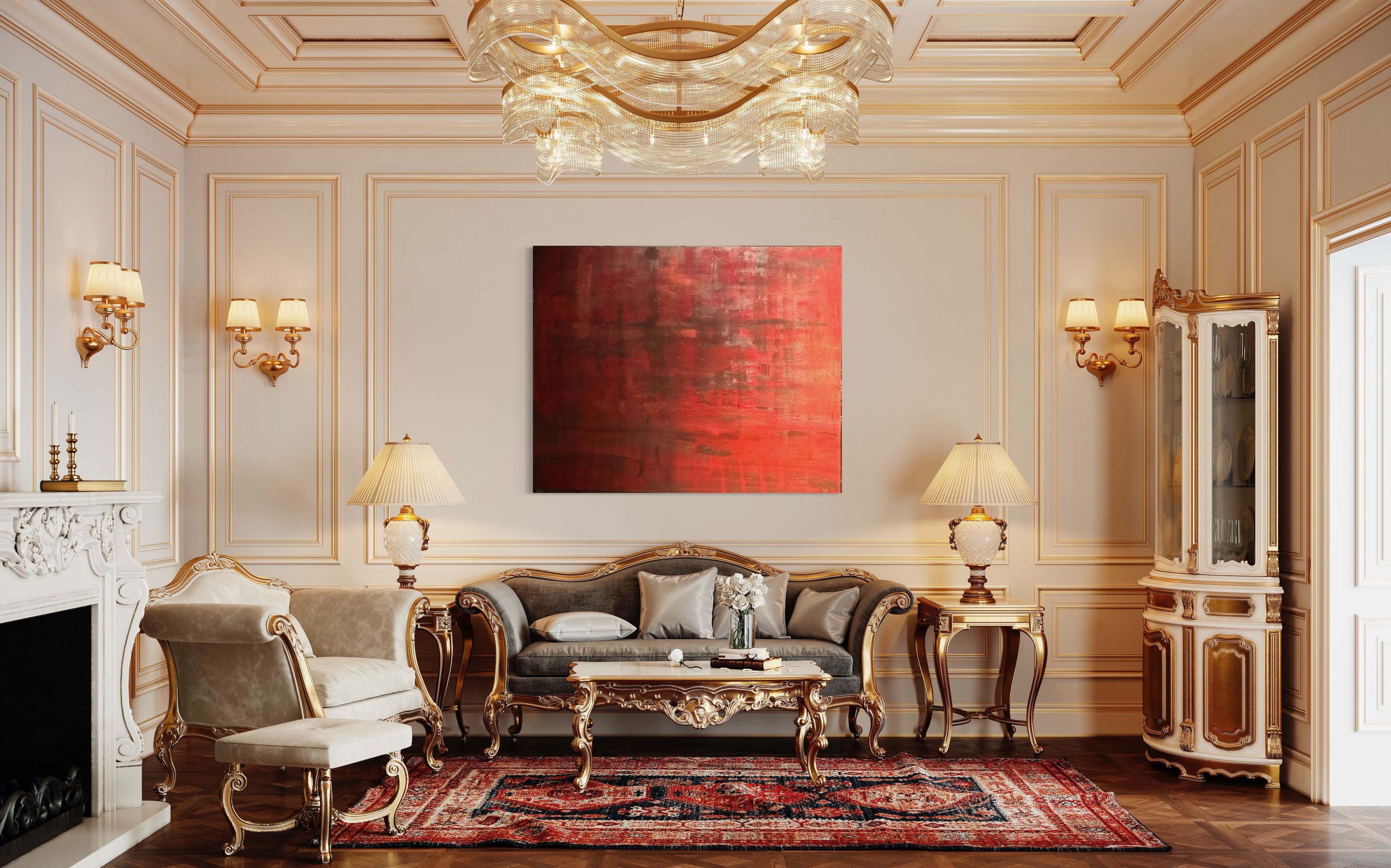 A red abstract work presented in an ornate cream-colored salon.
