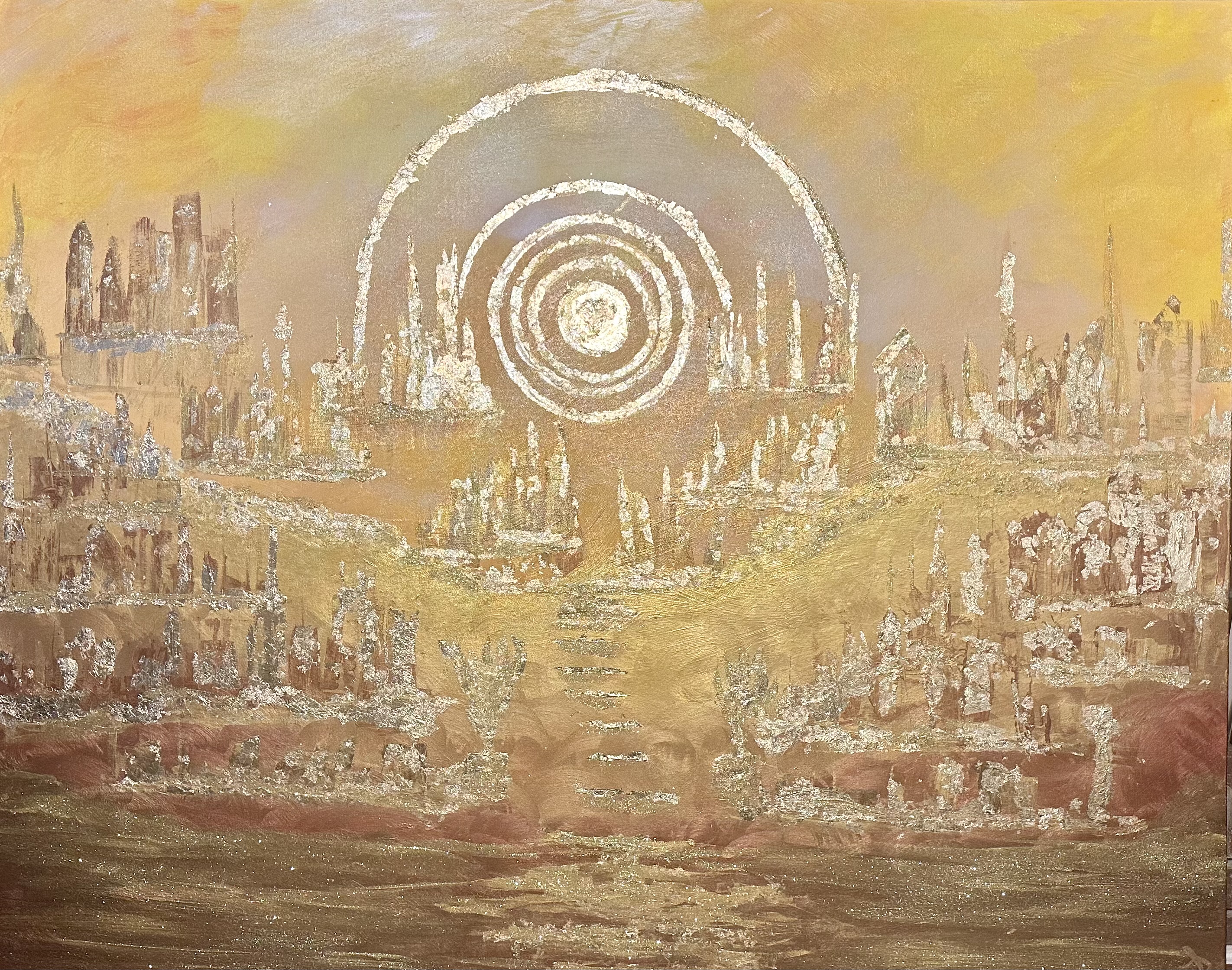 A white spiral above a warm, layered gold and earth-toned composition.
