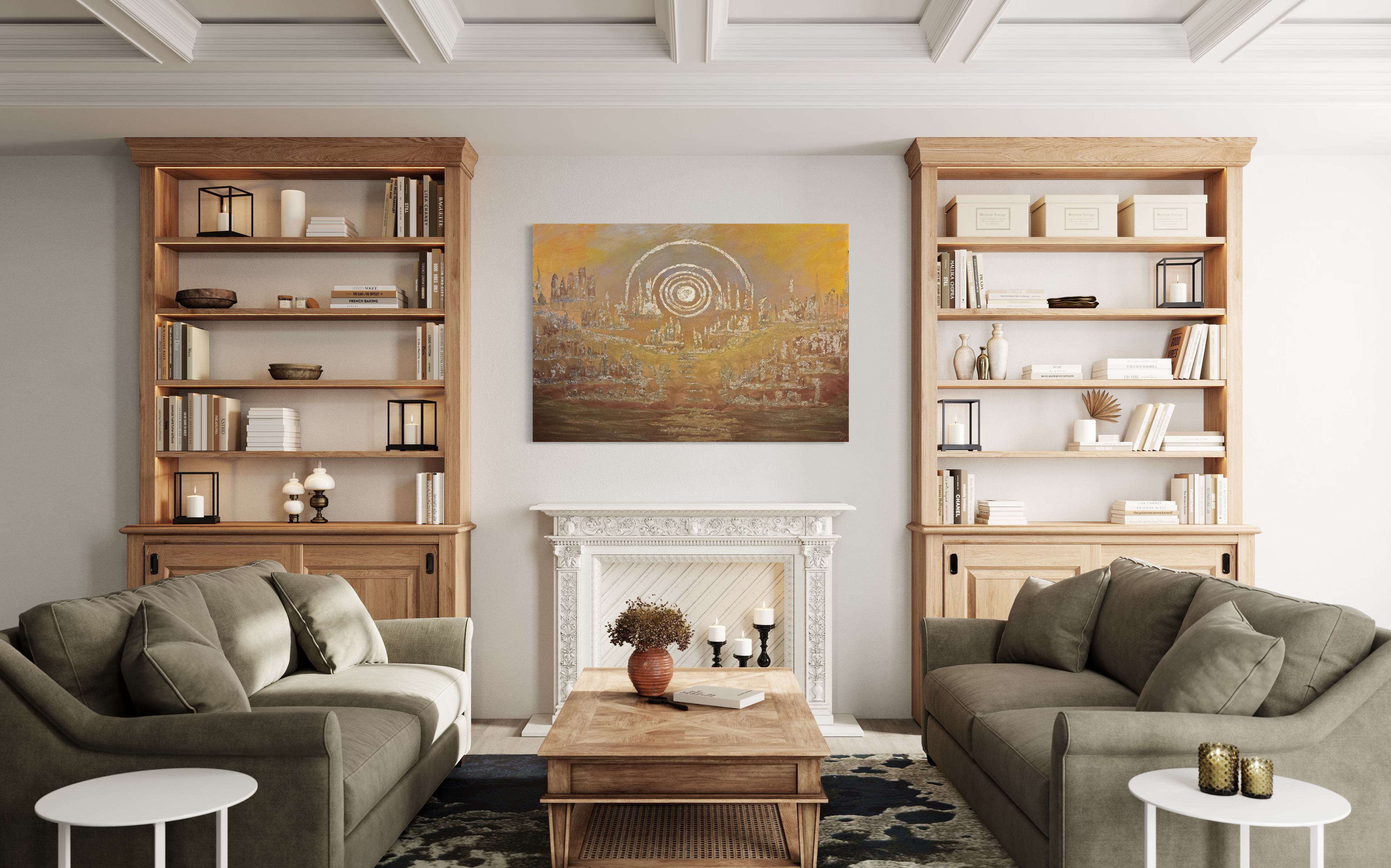 A gold-toned work presented above a fireplace between built-in shelves.