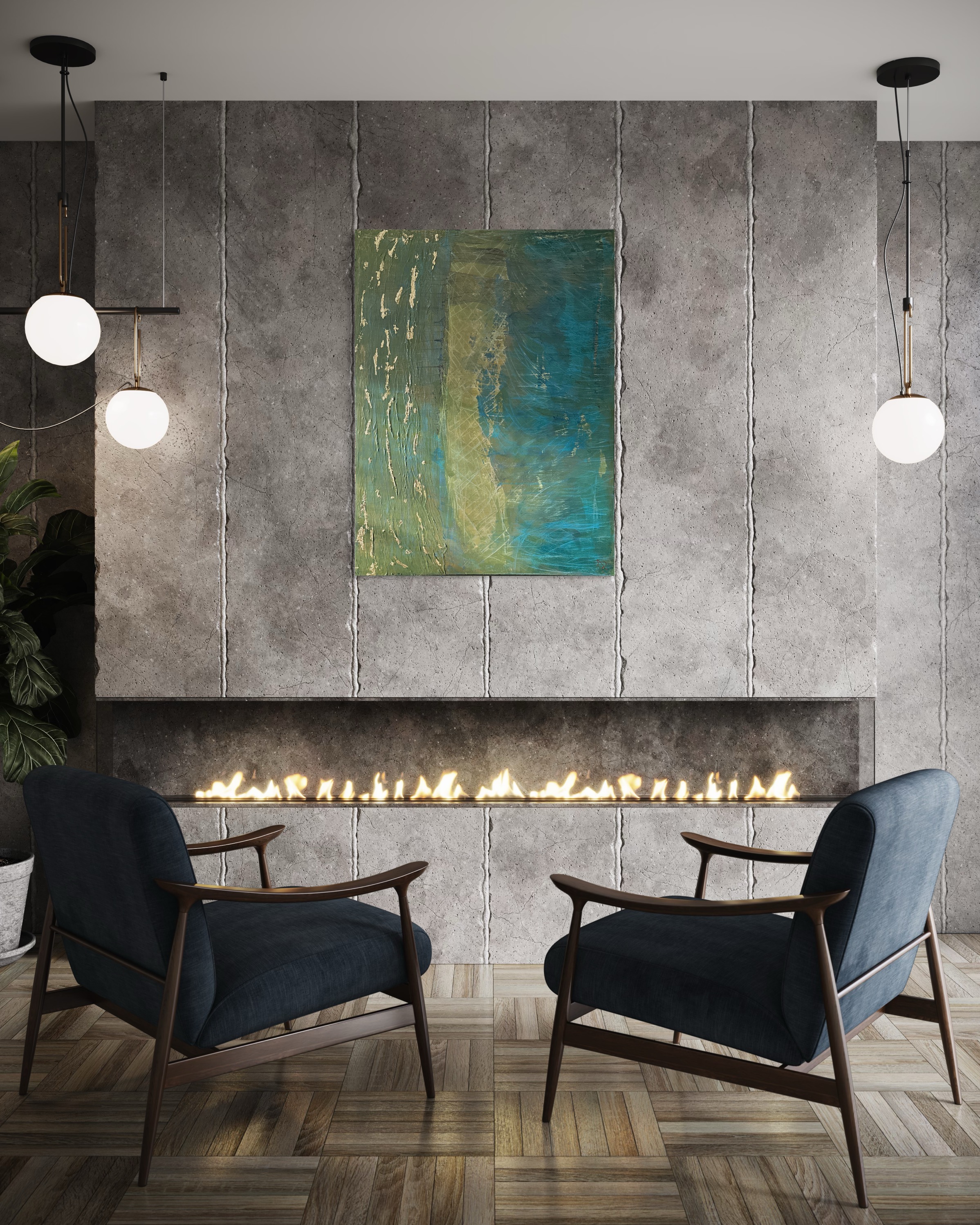 A blue and gold vertical work presented above a fireplace in a modern interior.