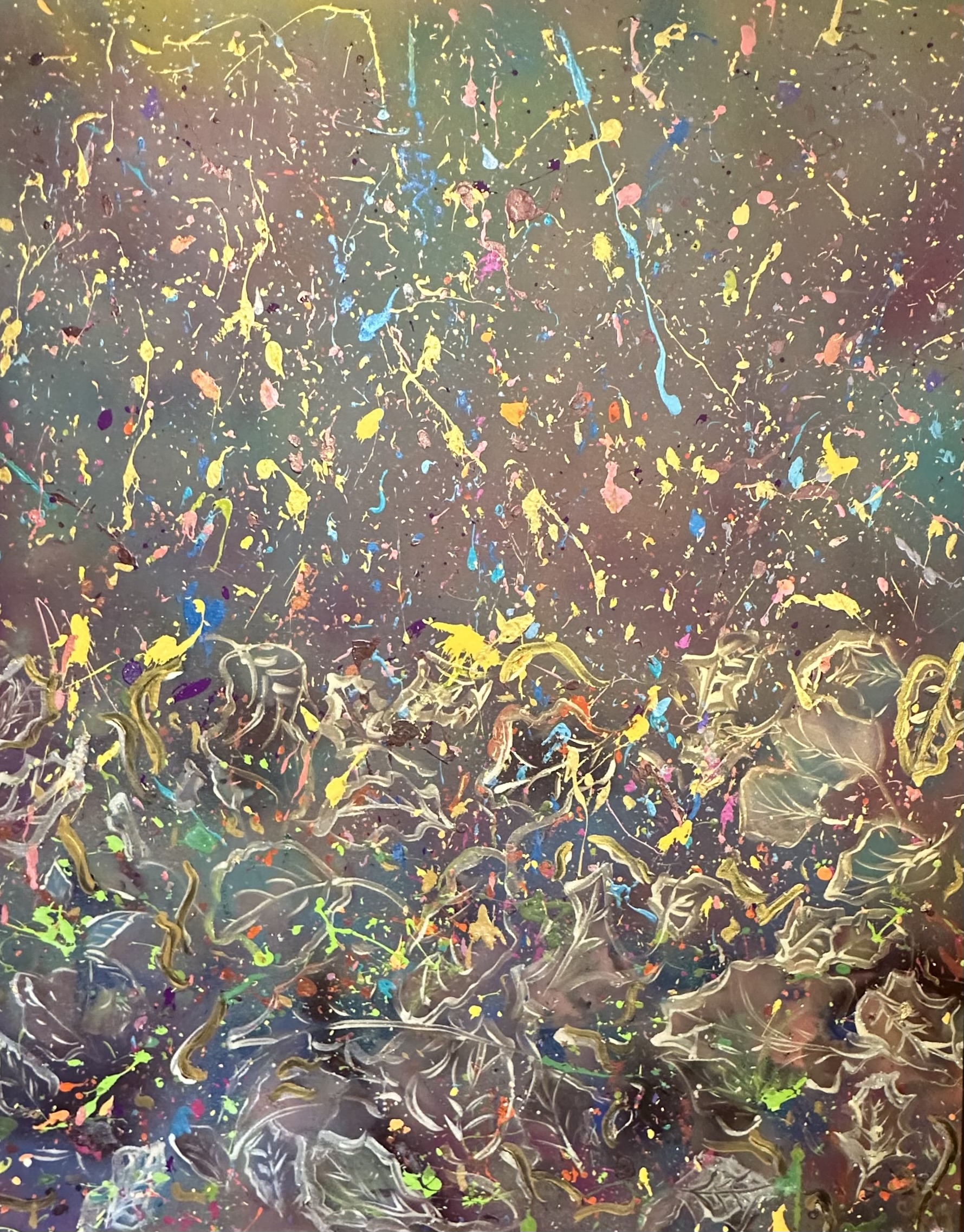 An energetic composition of multicolored gestures and fine splashes.