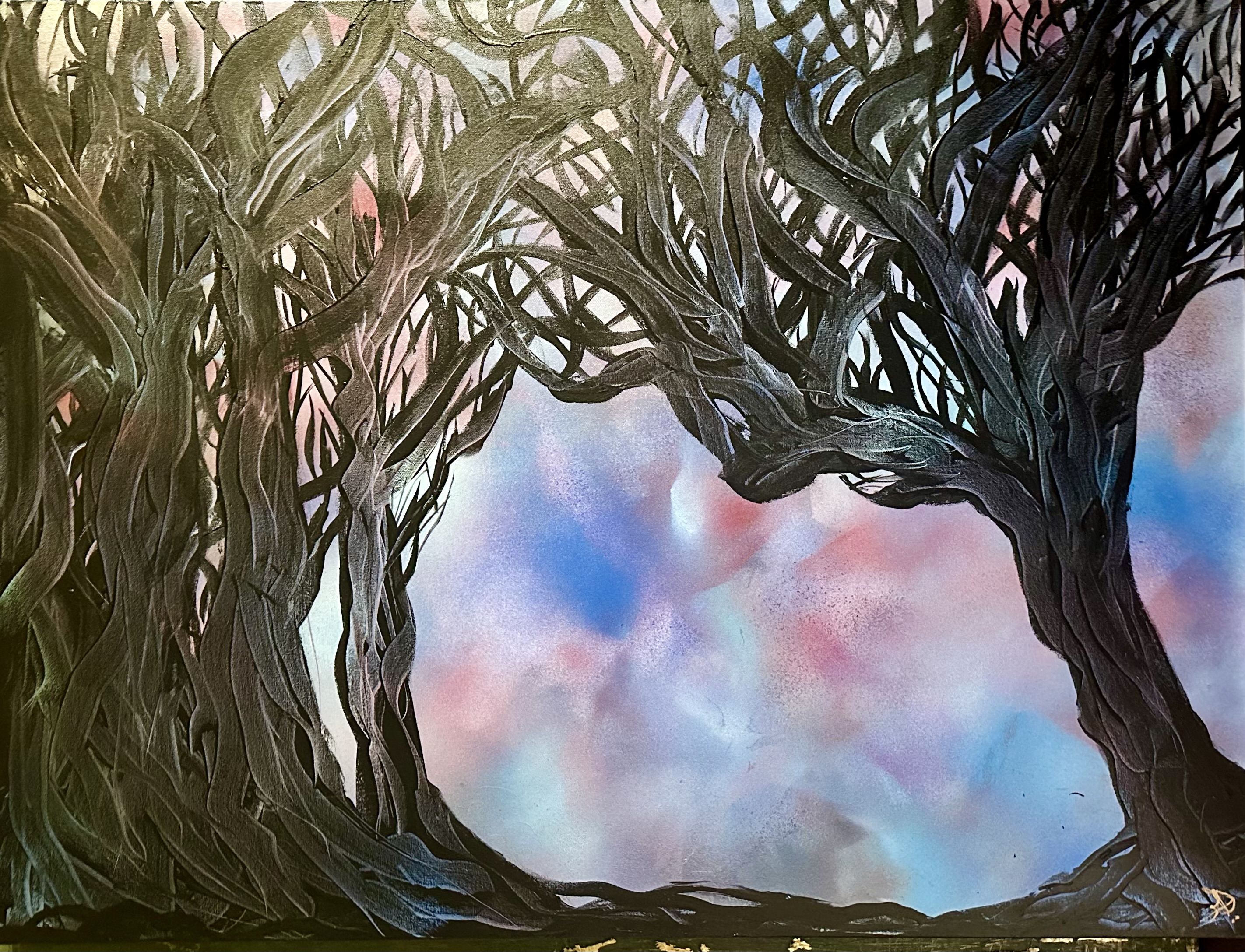Two sculptural trees framing a luminous opening of pastel color.