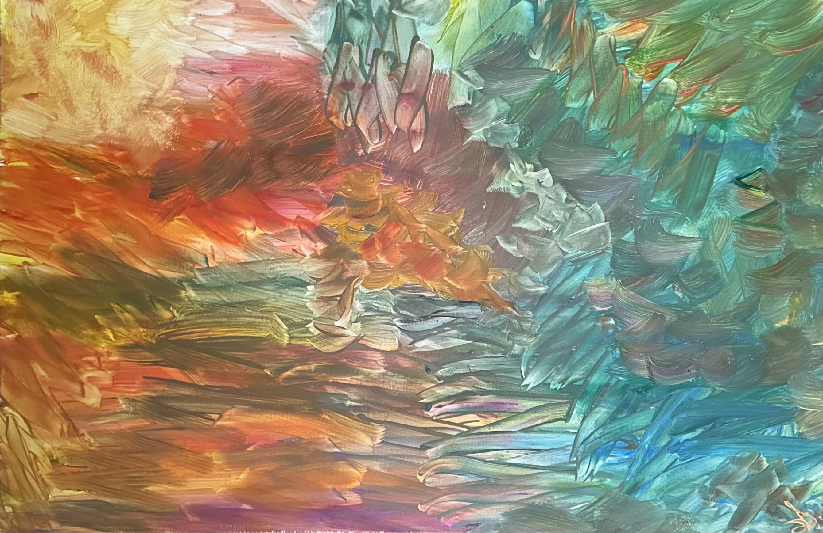 Expressive layers of teal, gold, and warm red, with sweeping texture.