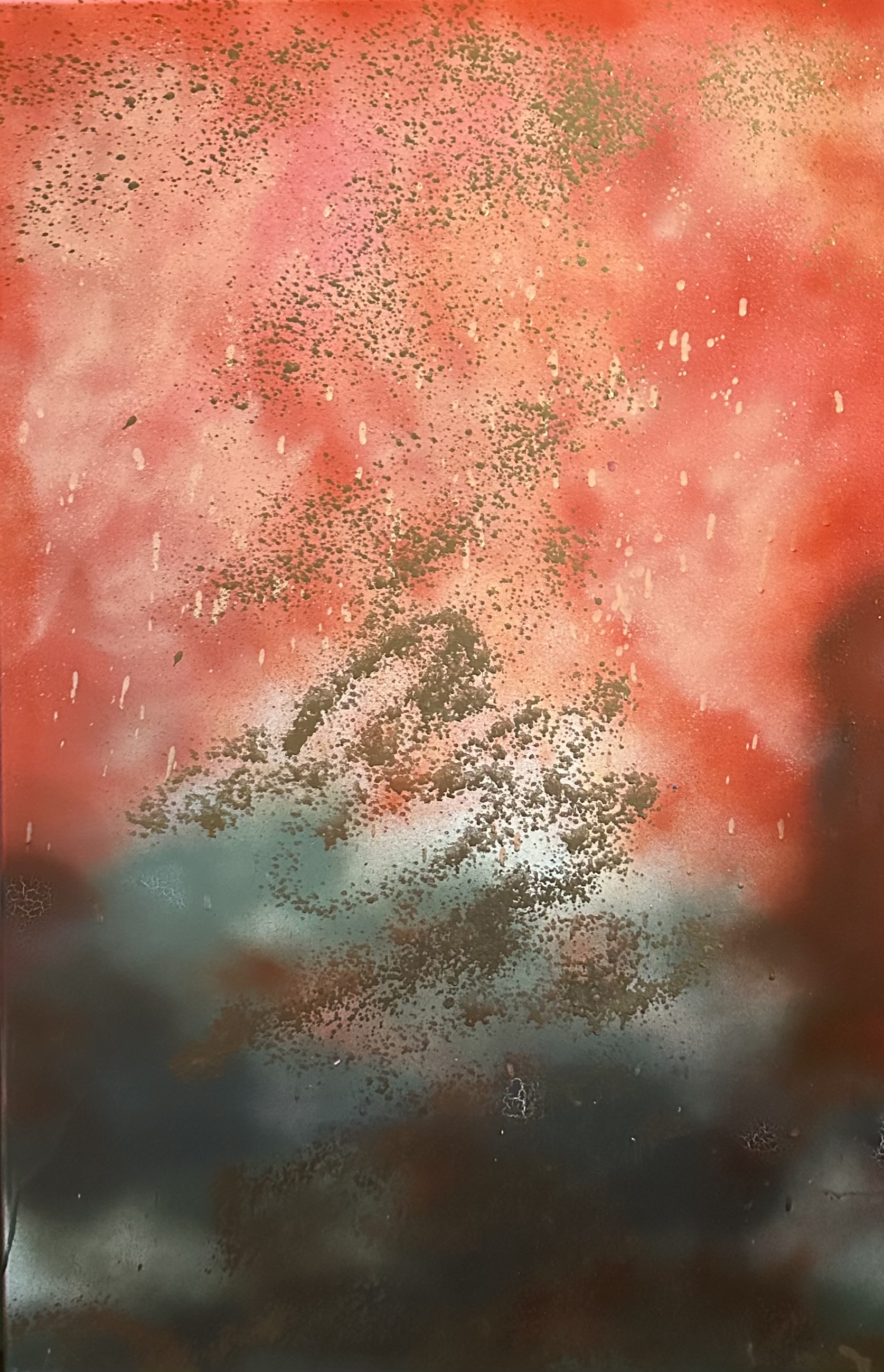 A vertical composition of coral, aqua, charcoal, and scattered gold.