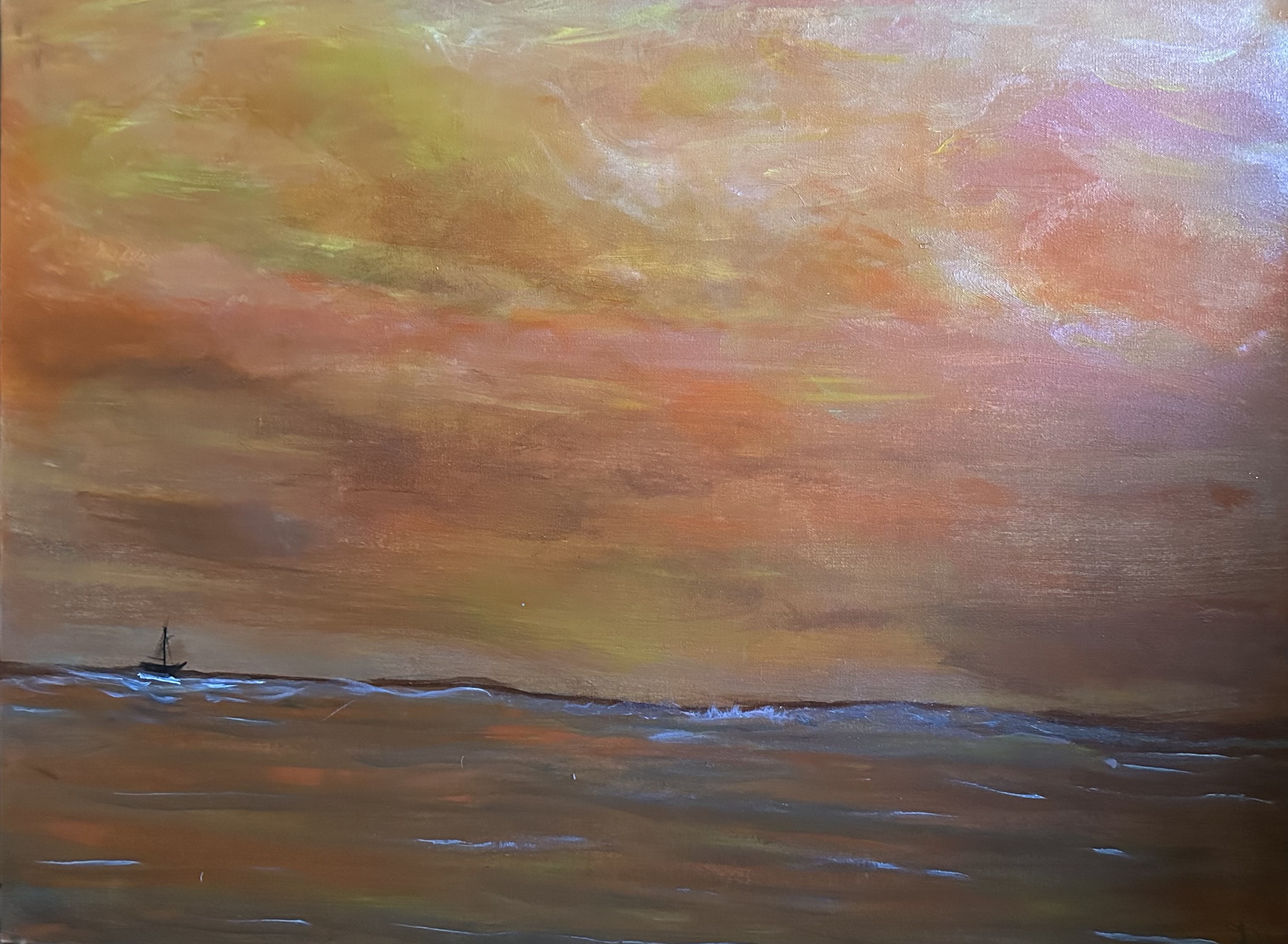 A quiet blue horizon beneath layered rose, gold, and lavender skies.