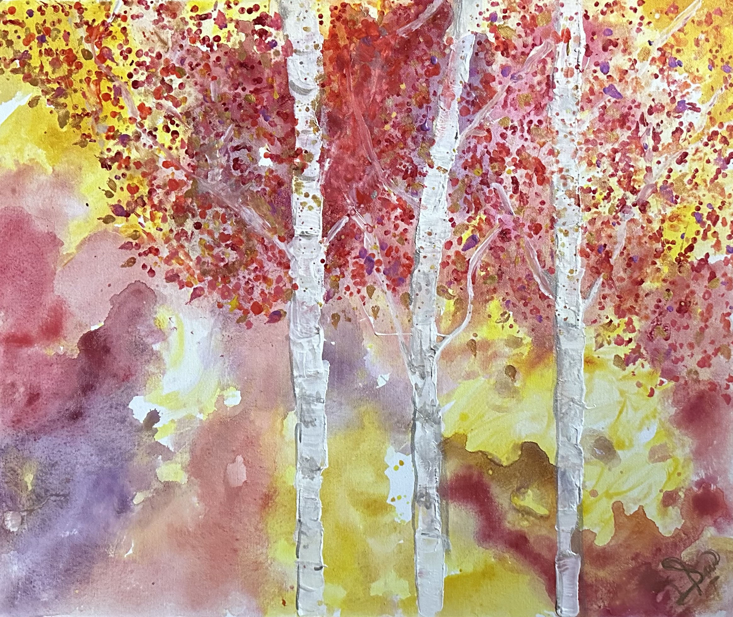 White tree trunks against a lively canopy of red, gold, and pink.