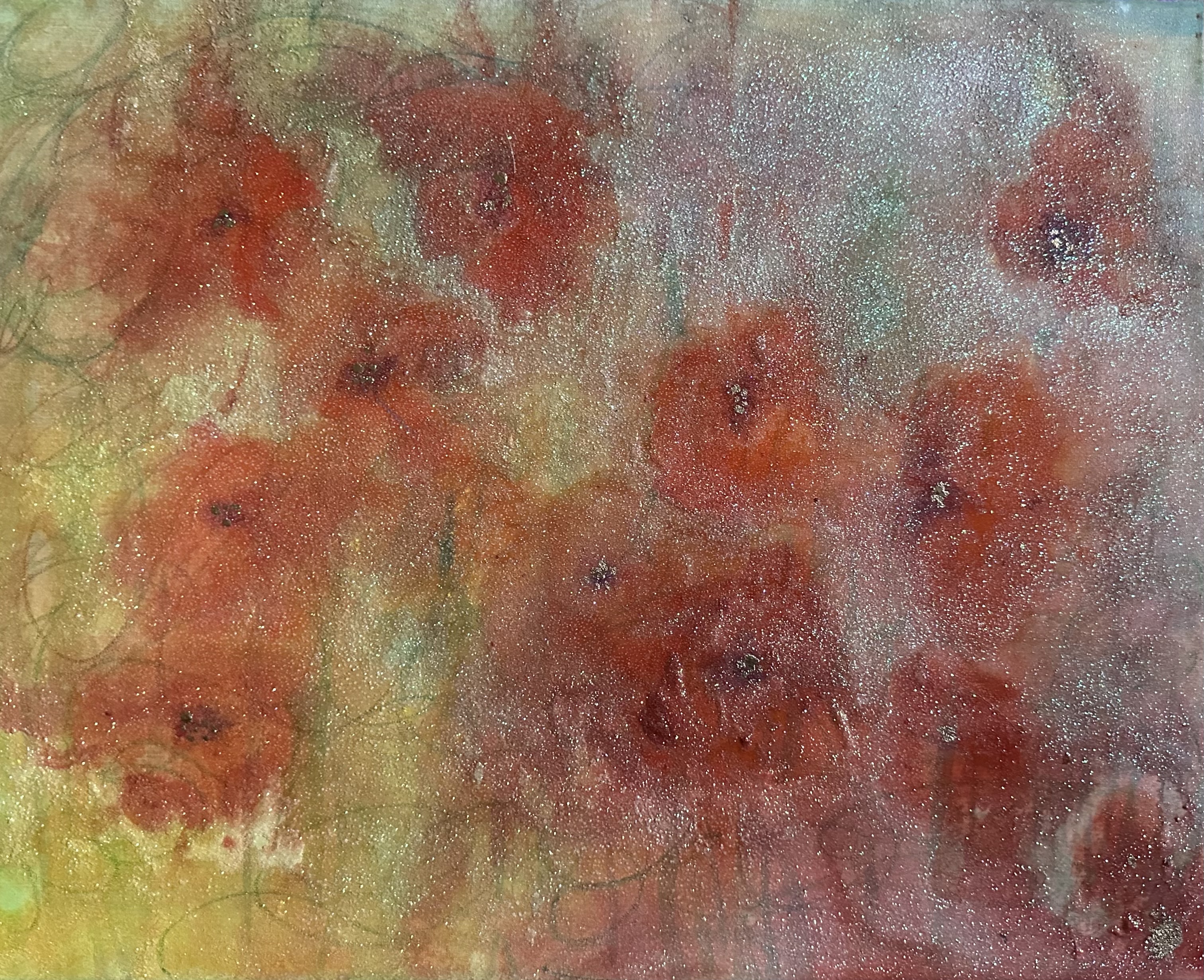 Soft red floral forms suspended in a shimmering green and gold field.