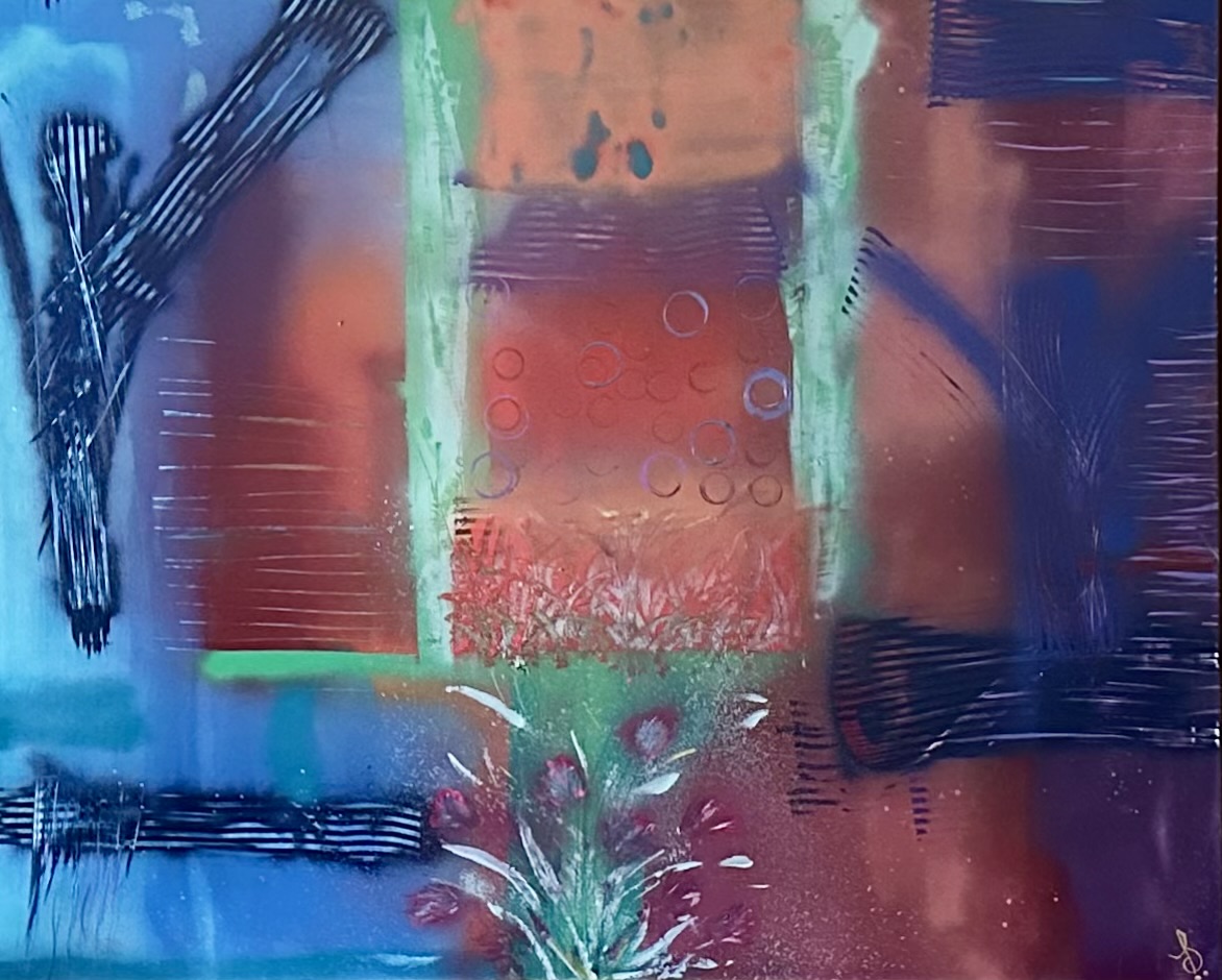 Bold cobalt, turquoise, and coral forms with incised marks.