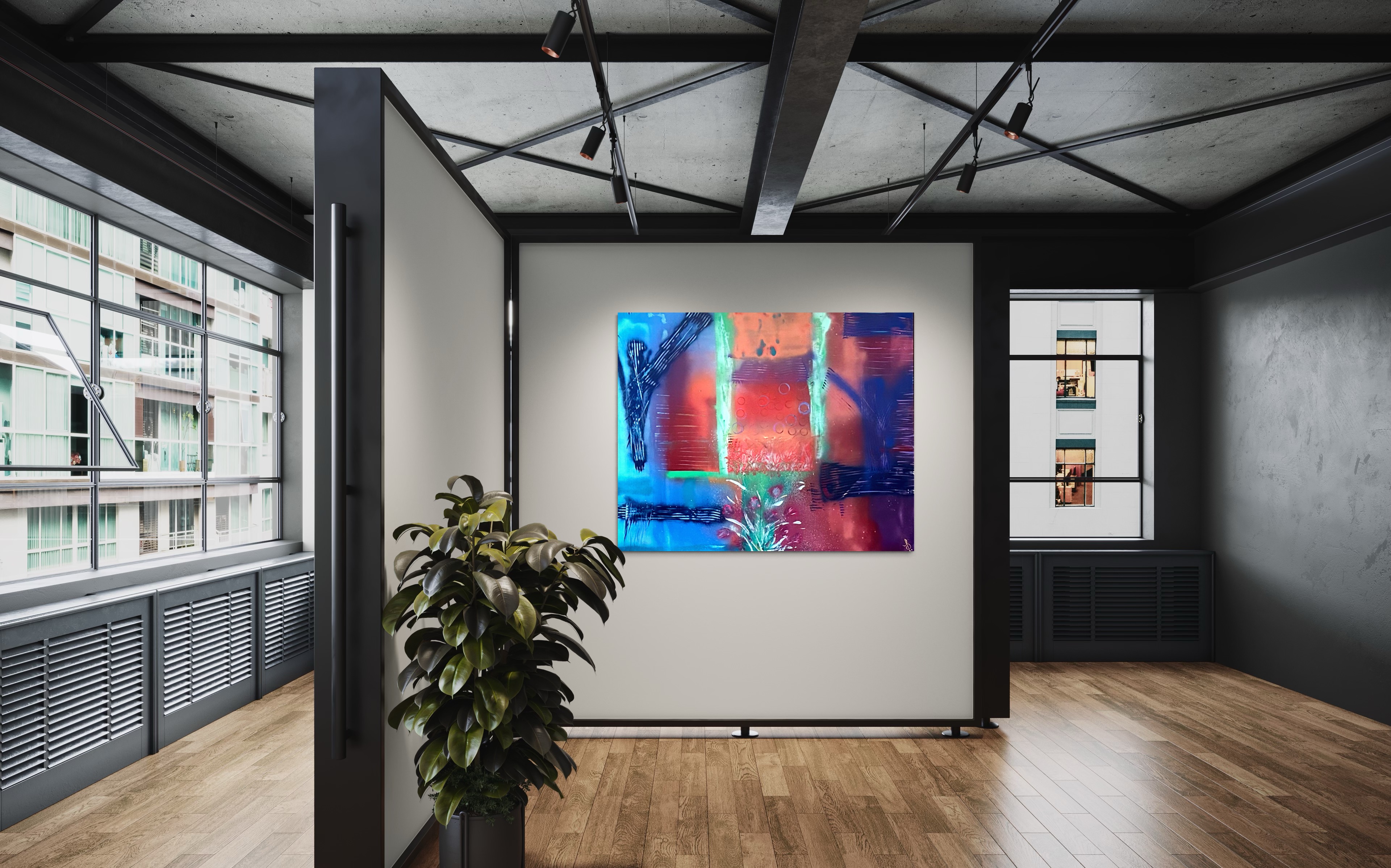 A bold blue and coral work presented in a contemporary office.