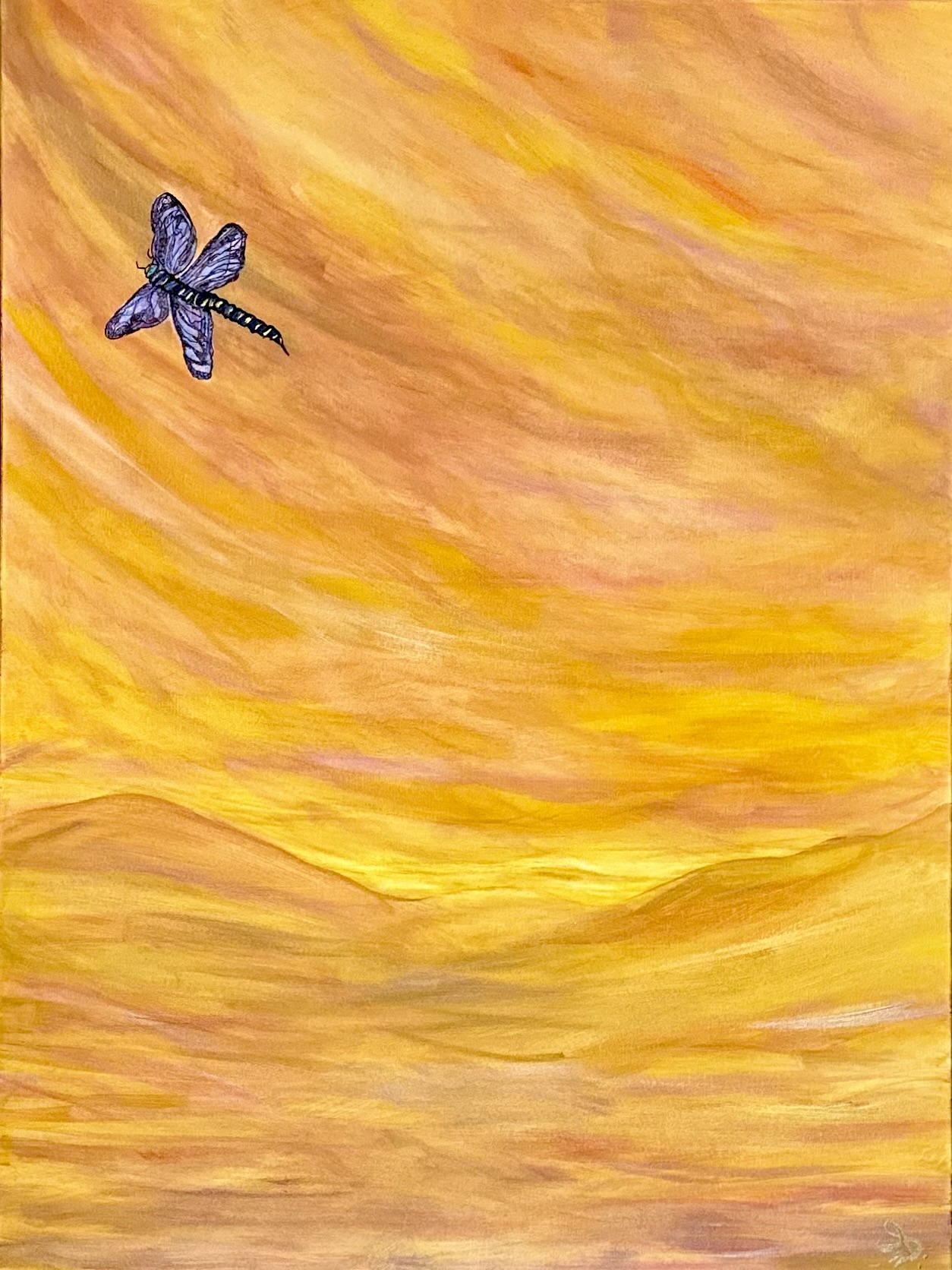 A small blue butterfly against sweeping bands of warm yellow and orange.