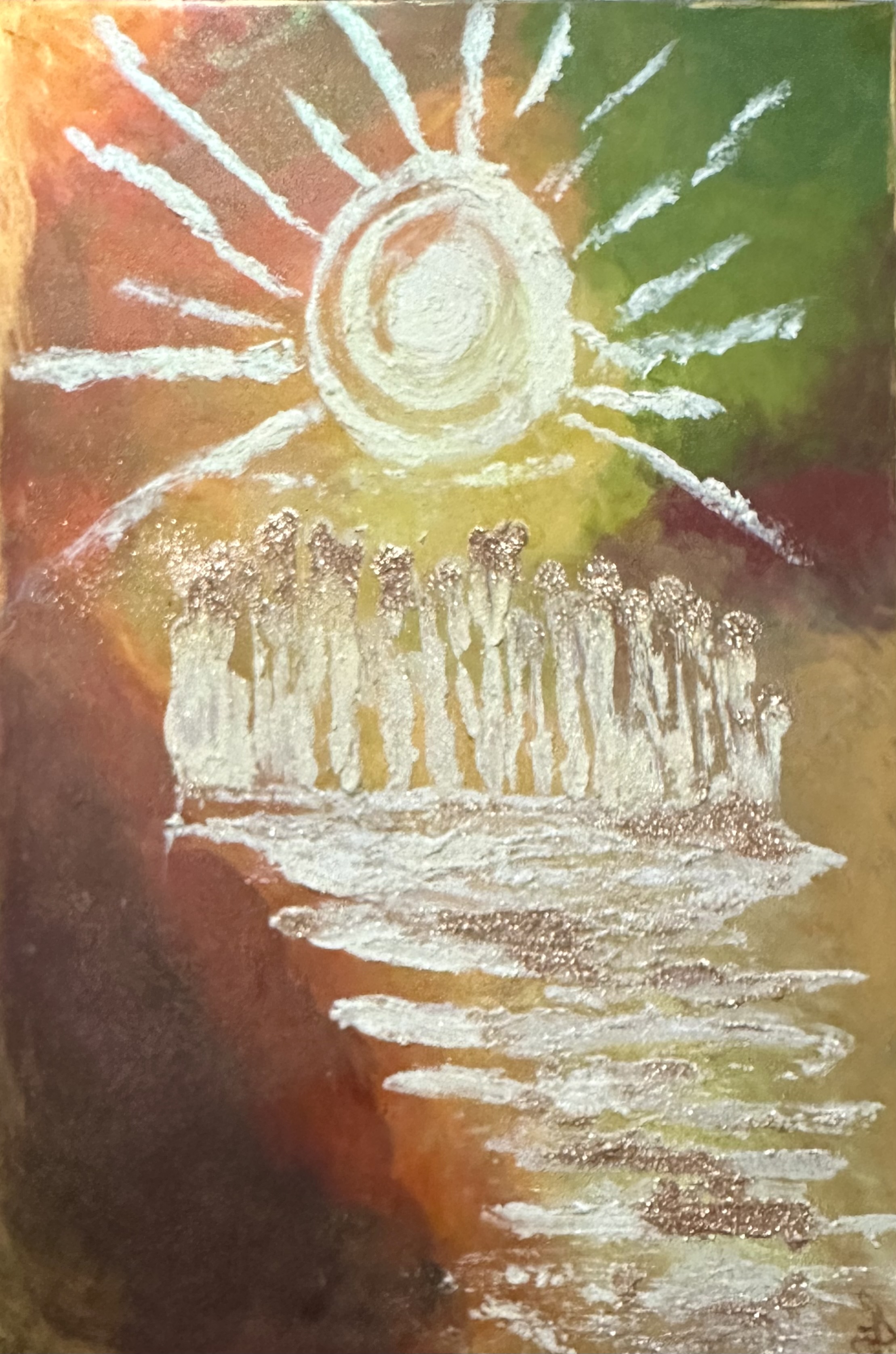 A radiant white spiral and ascending forms against gold, green, and rust.