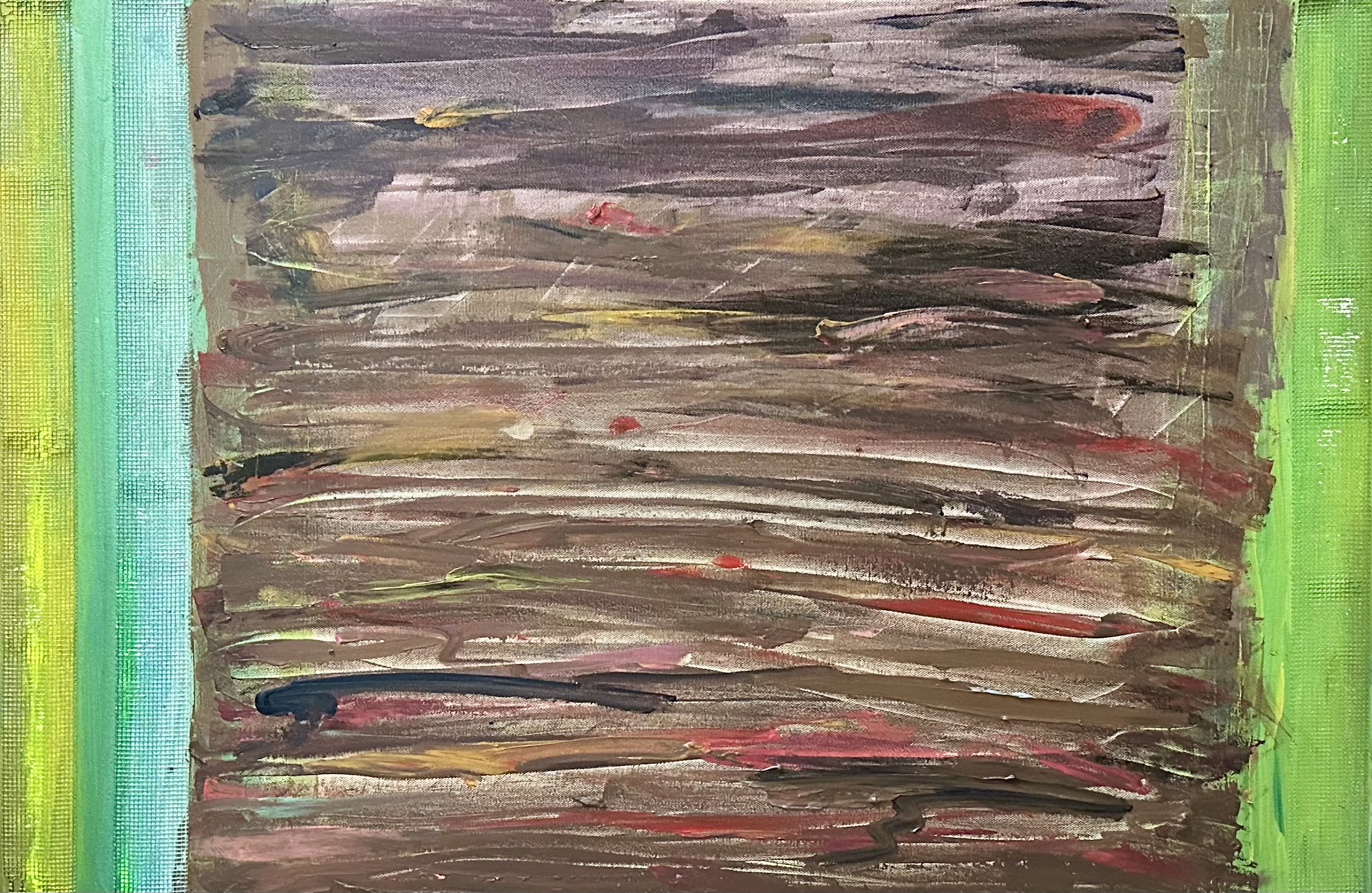 Horizontal bands of layered paint held between bright green vertical edges.