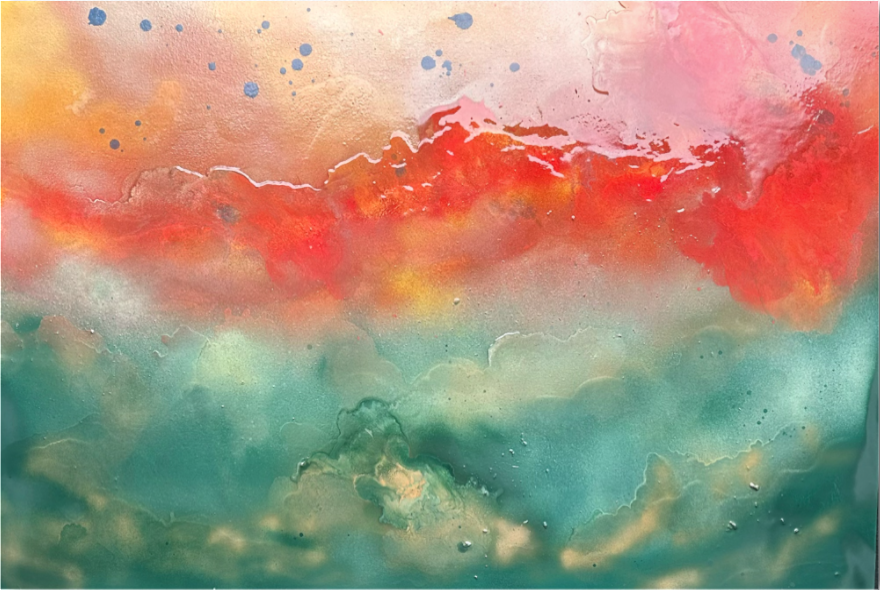 Coral, rose, and turquoise meeting in a fluid field of color.