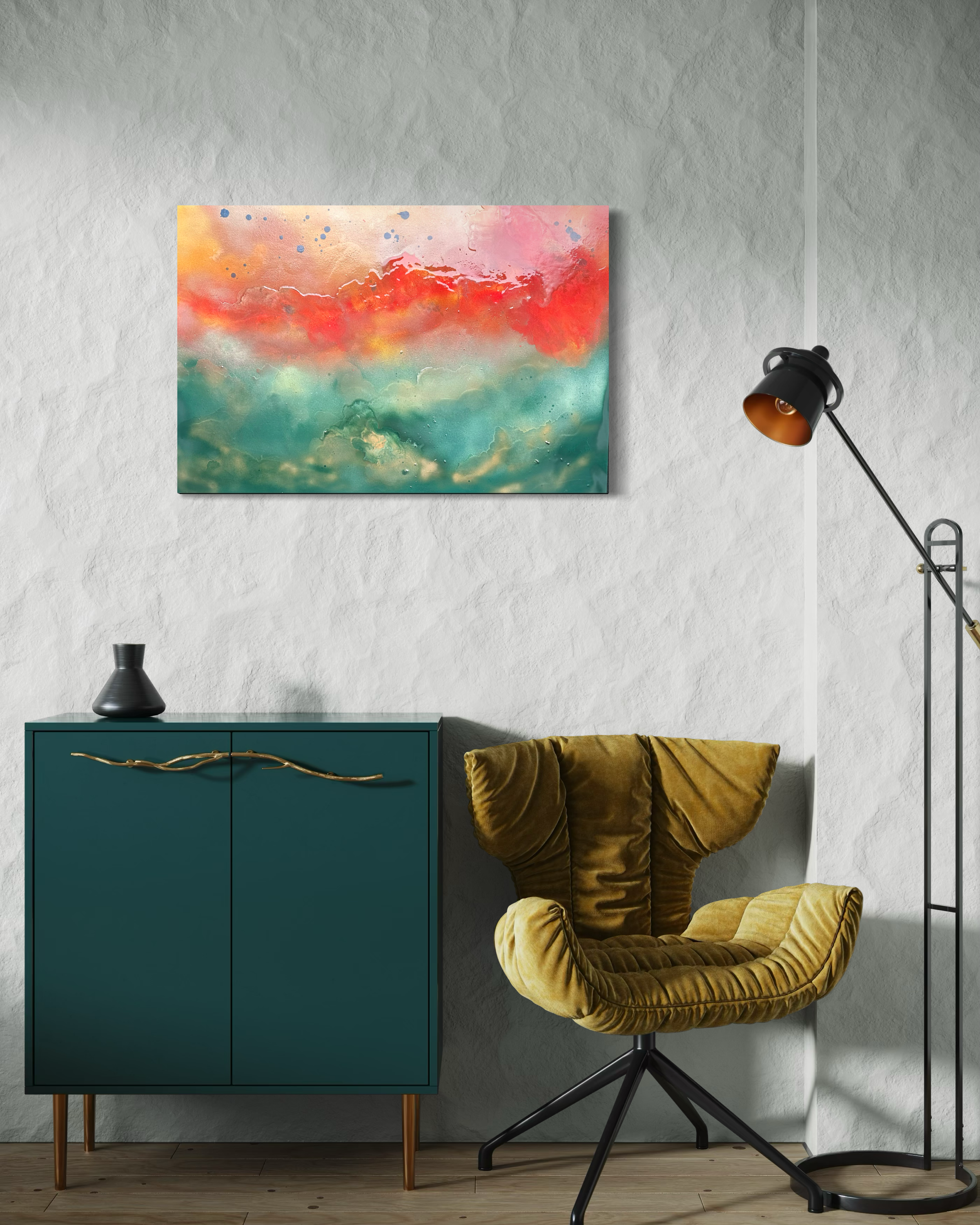A coral and turquoise work presented beside a chair and console.