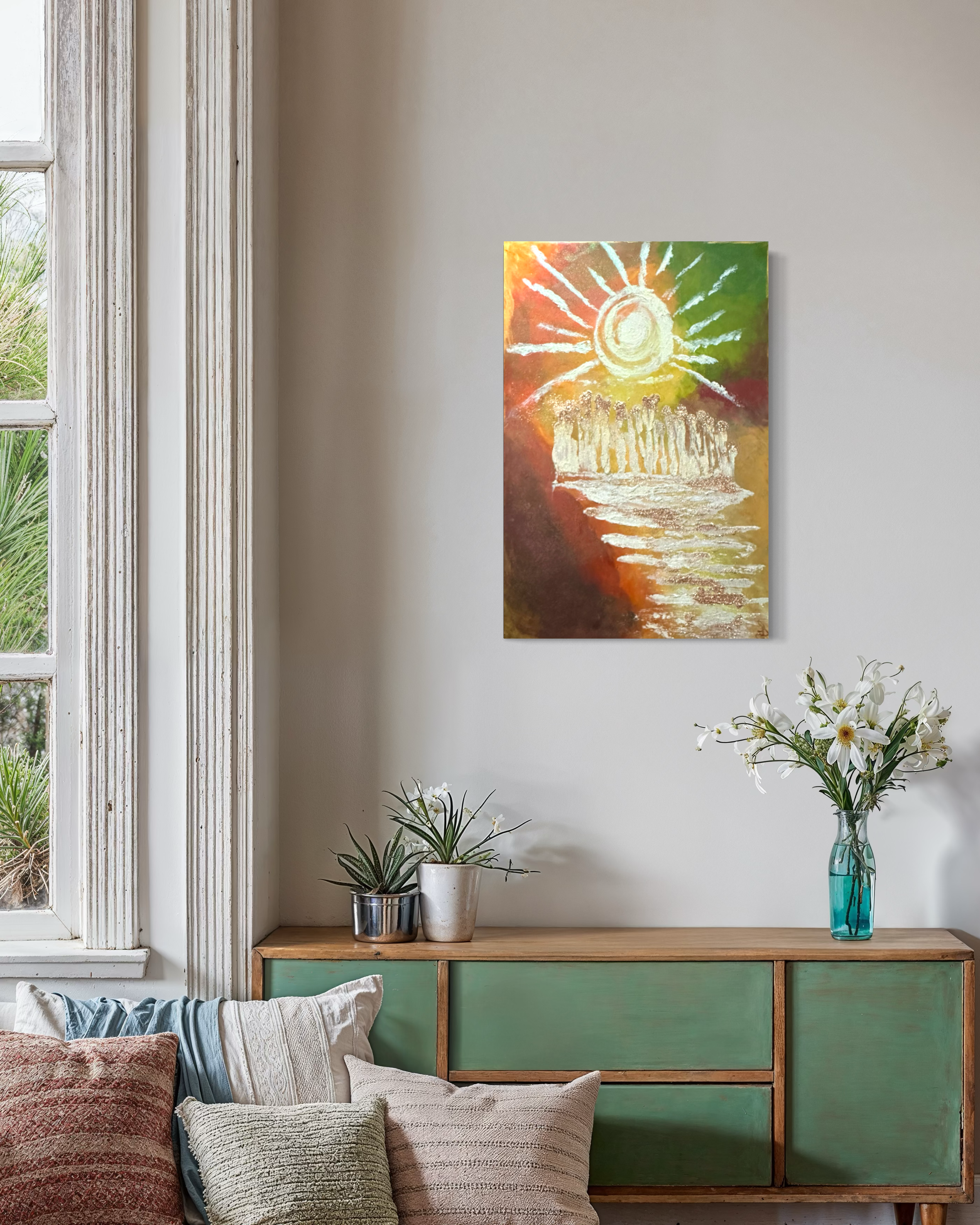 A radiant spiral composition presented in a light-filled living space.