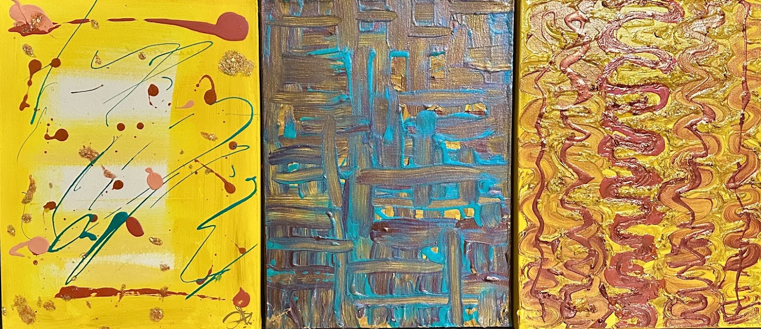 Three panels shown together: spontaneous gestures on yellow, layered turquoise and earth-toned brushwork, and flowing red forms on gold.
