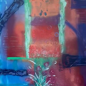 Featured abstract acrylic painting titled 'A Few of My Favorite Things' by Danna Donovan, showcasing a vibrant blend of colors including blue, red, green, and purple in an abstract composition."